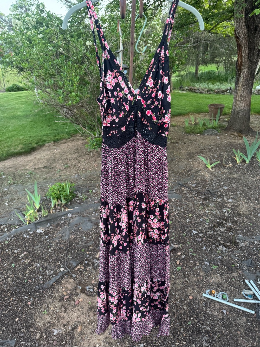 Angie Black & Pink Floral Maxi Dress with V-Neck and Lace